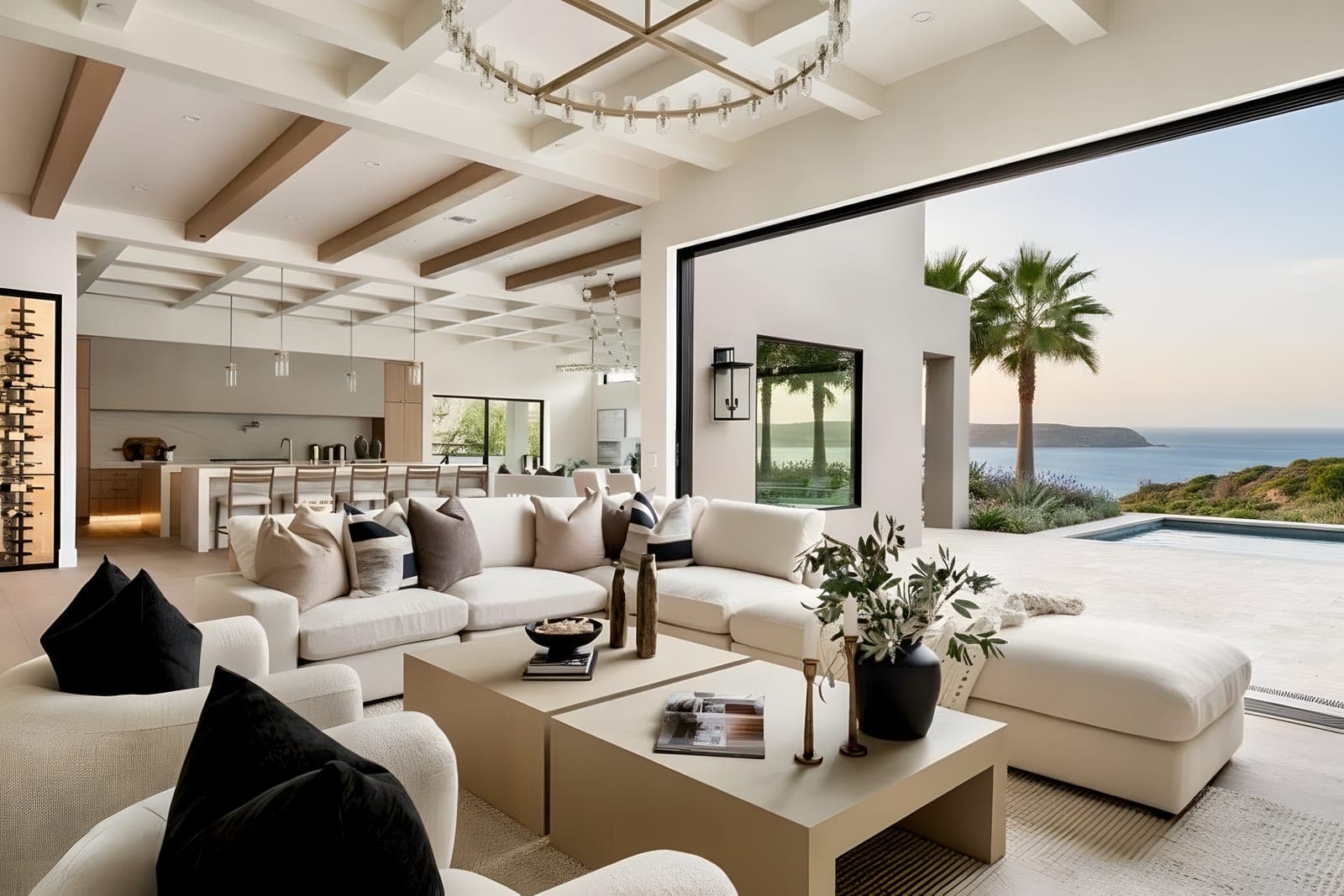 Open-plan coastal great room and kitchen with glass doors open to a Pacific Ocean view
